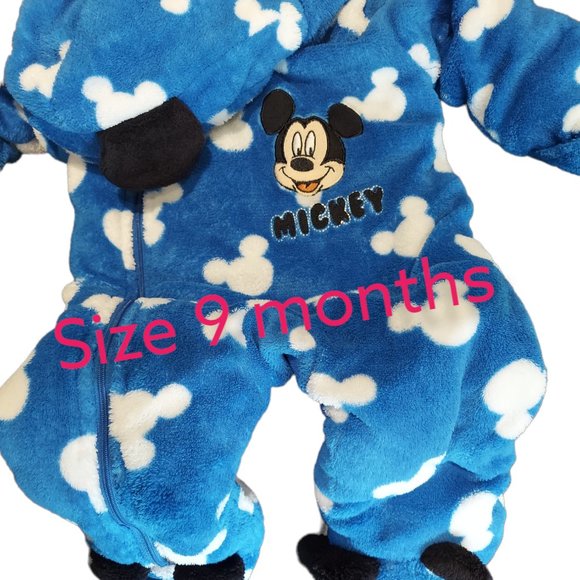 Disney Baby Mickey Mouse Hooded Fleece Onesie Size 9 Months - Picture 1 of 5